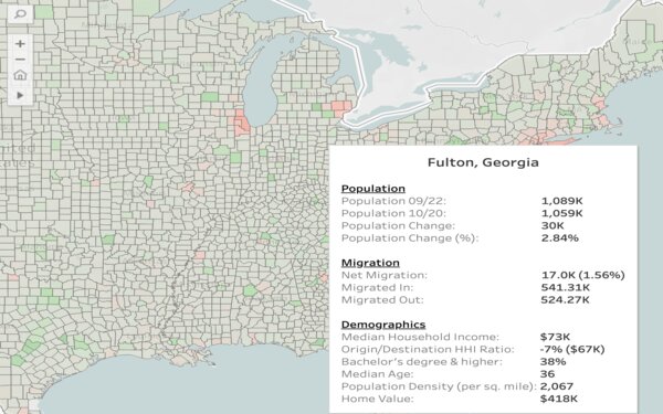Dữ liệu vị trí cho thấy xu hướng di cư tích cực 2,84% đến quận Fulton, GA. Yo2Y Tháng 9 năm 2022